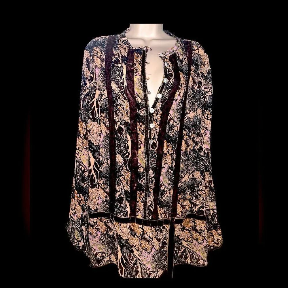 Aldolfo boho garden sheer button up long sleeve whimsical blouse desert